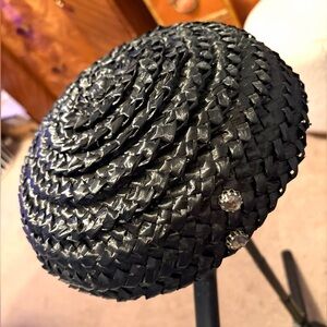 Vintage 1950s Black Saucer Mushroom Brim Straw Hat W/ Rhinestones